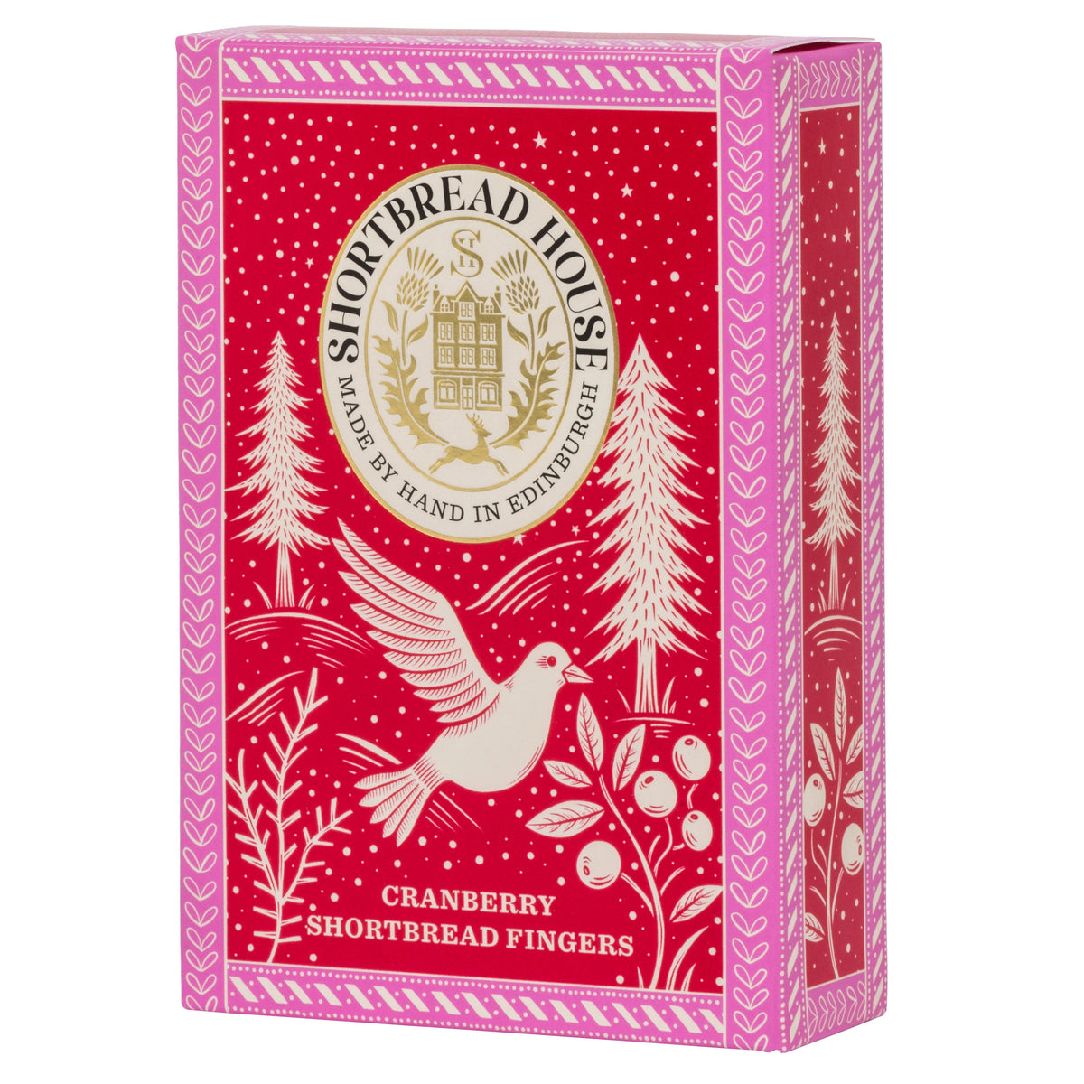 Red box of Shortbread House Cranberry Shortbread Fingers with decorative design and bird illustration.
