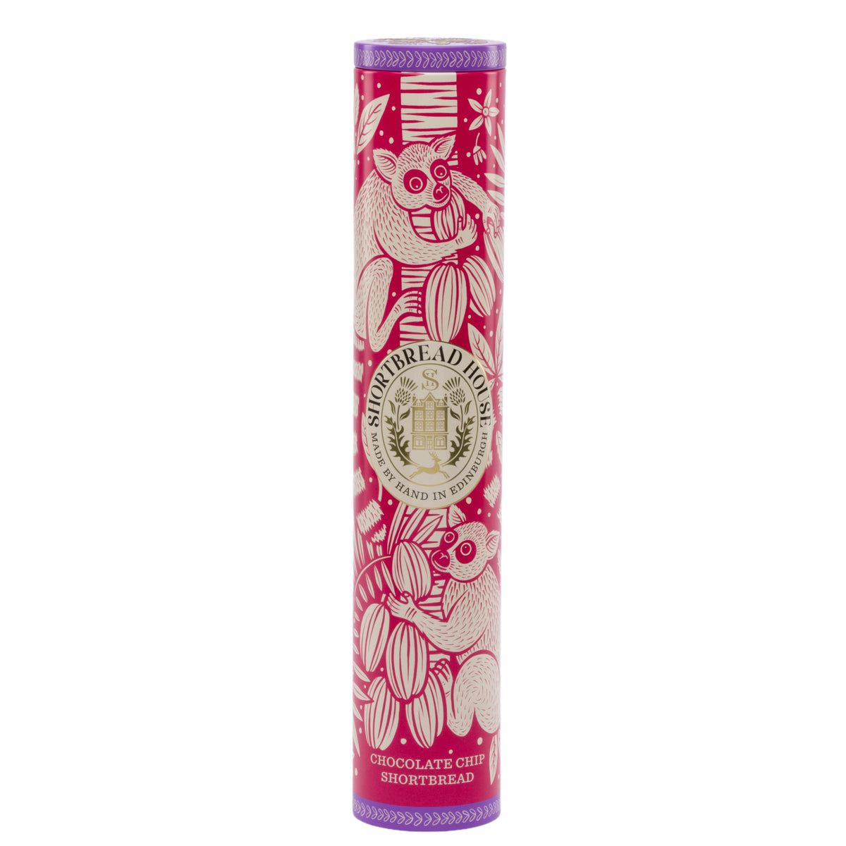 Cylindrical pink and purple shortbread tin with illustrations of lemurs and foliage on it.