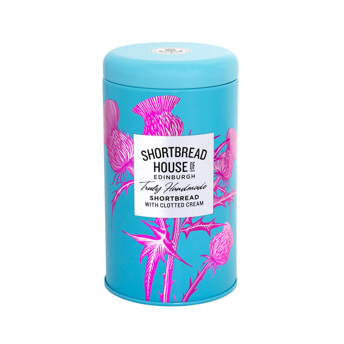 A blue tin of Shortbread House clotted cream shortbread with a pink thistle design.