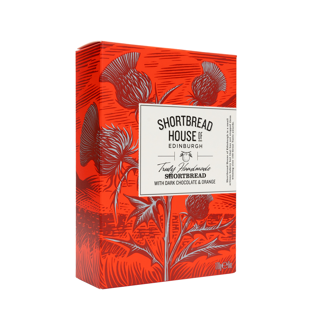 Shortbread Fingers box. The box is orange with a thistle and scottish hills in the design.