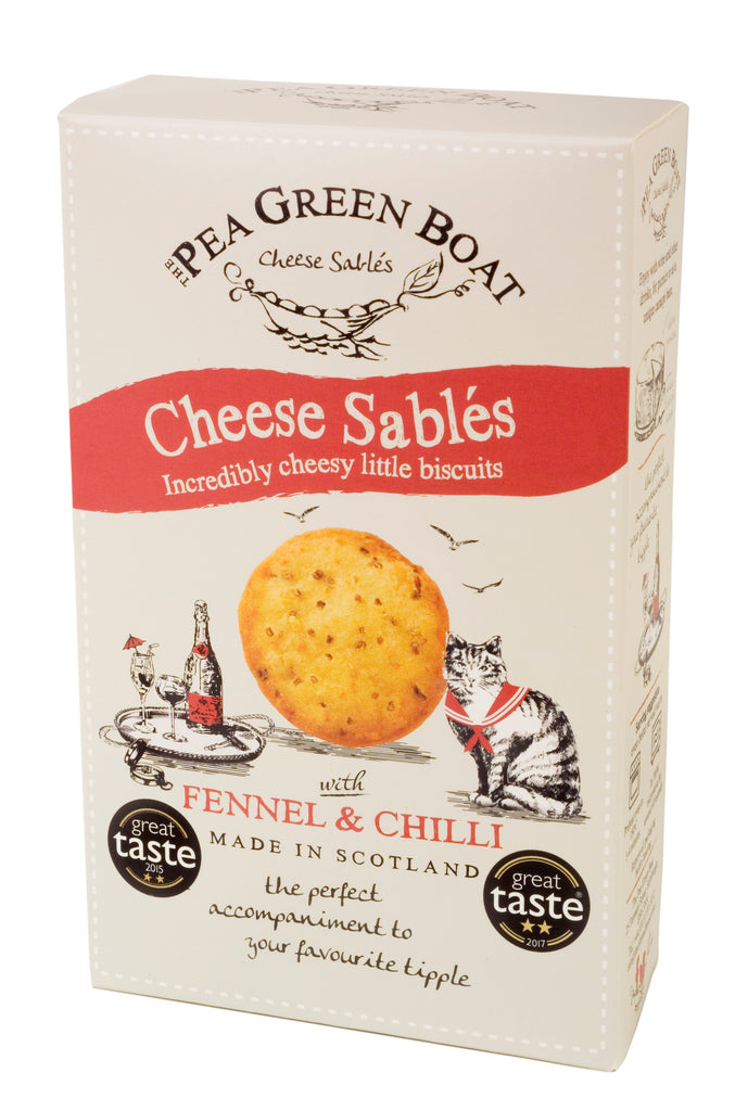 A box of Pea Green Boat Cheese Sablés with fennel and chilli