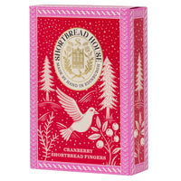 Red box of Shortbread House Cranberry Shortbread Fingers with decorative design and bird illustration.