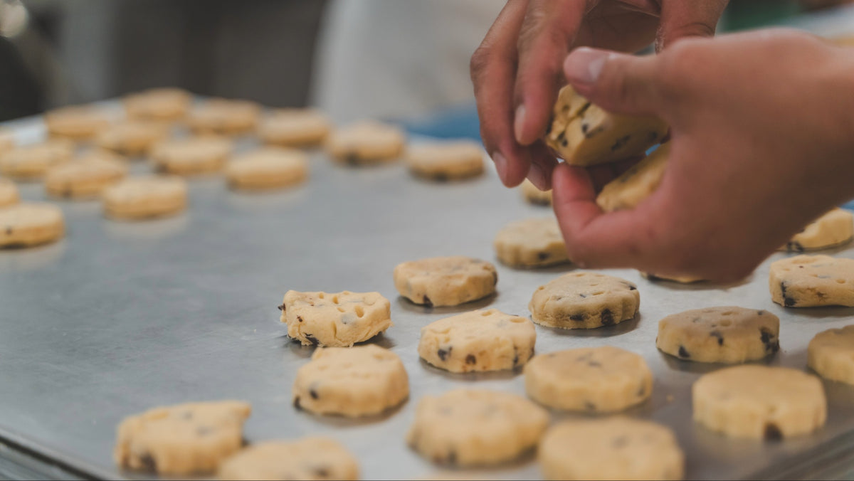 Hands placing round chocolate chip shortbread onto a metal baking tray, with more biscuits arranged in the background.