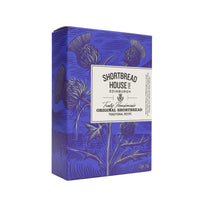 A purple box of shortbread with a thistle design on a white background.