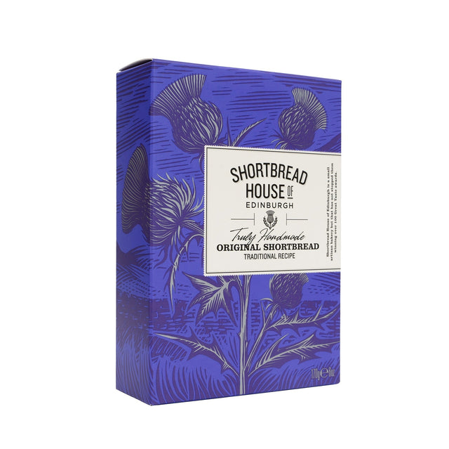 A purple box of shortbread with a thistle design on a white background.