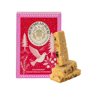 Cranberry shortbread fingers with a red box featuring Shortbread House branding on a white background