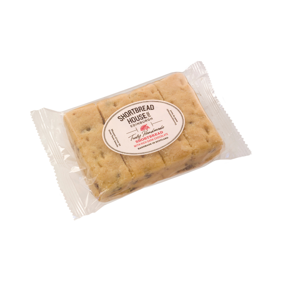 Cellophane wrapped packet of 8 shortbread fingers, Chocolate Chip flavour.