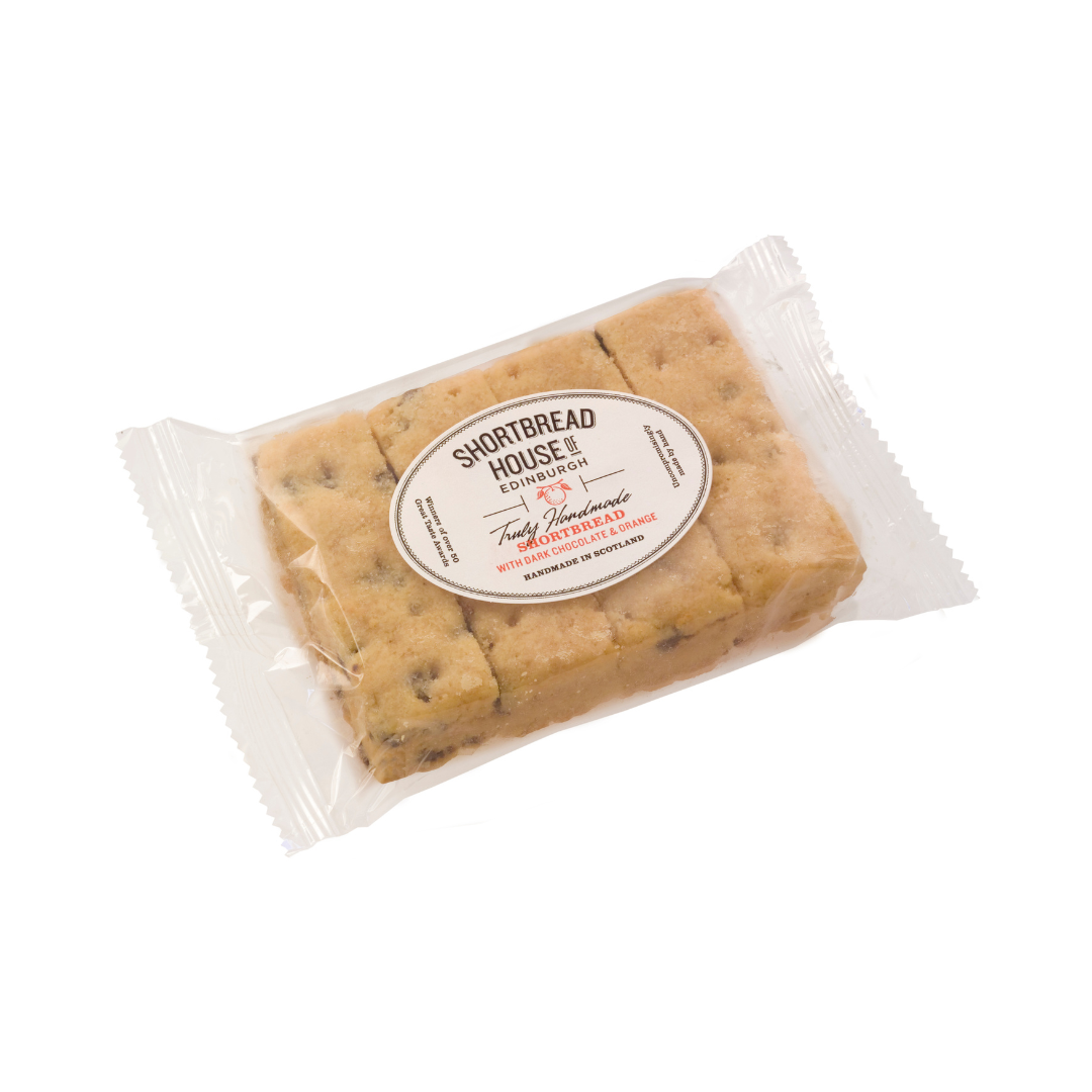 Cellophane wrapped packet of 8 shortbread fingers, Chocolate Orange flavour.