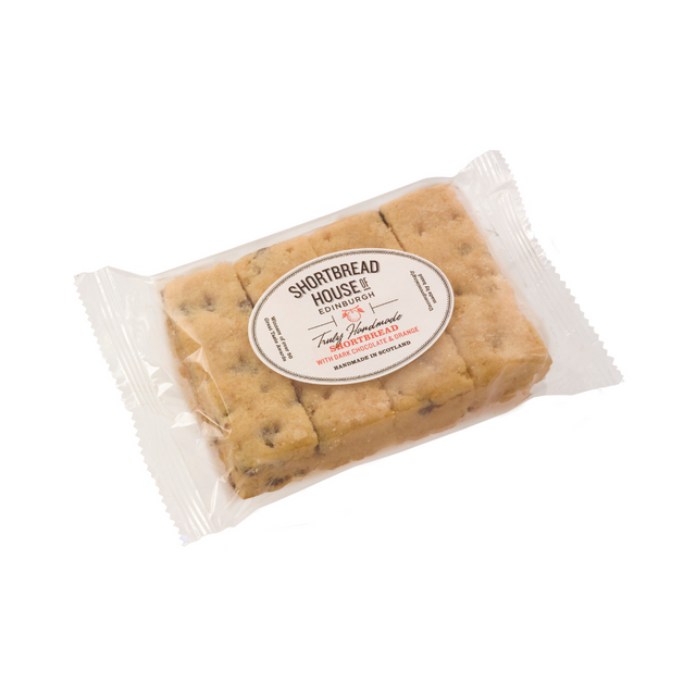 Cellophane wrapped packet of 8 shortbread fingers, Chocolate Orange flavour.
