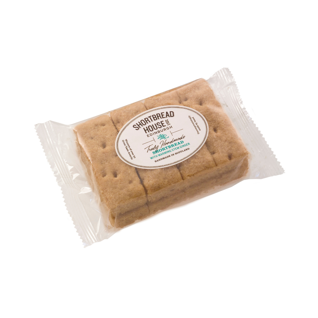 Cellophane wrapped packet of 8 shortbread fingers, Ginger flavour.