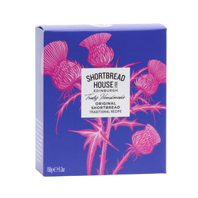 A rectangular box of Shortbread House of Edinburgh Truly Handmade Original Shortbread Traditional Recipe, featuring a vibrant purple cover decorated with pink thistle illustrations and a white label in the center.