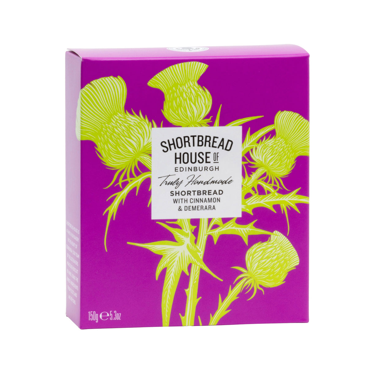 A purple and green Shortbread House of Edinburgh rectangular box with a thistle design. 