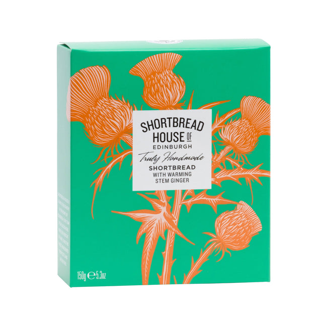 A green Warming Stem Ginger Shortbread House of Edinburgh Box with an Orange Thistle Design 