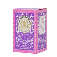 Purple box of Shortbread House sweet oaties with decorative design and a gold logo.