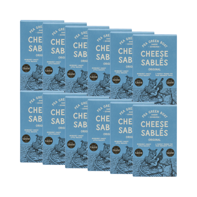 Twelve boxes of Pea Green Boat Cheese Sablés Original.