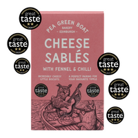 Red box of Fennel and Chilli Cheese Sables with 6 Great Taste Awards surrounding it. 