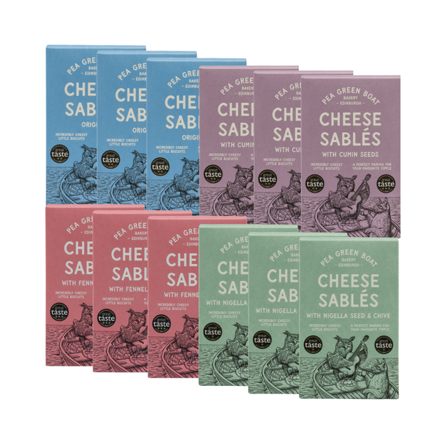 A collection of 12 boxes of Pea Green Boat Cheese Sablés in the 4 flavours and colours. There is 3 boxes of each flavour. 