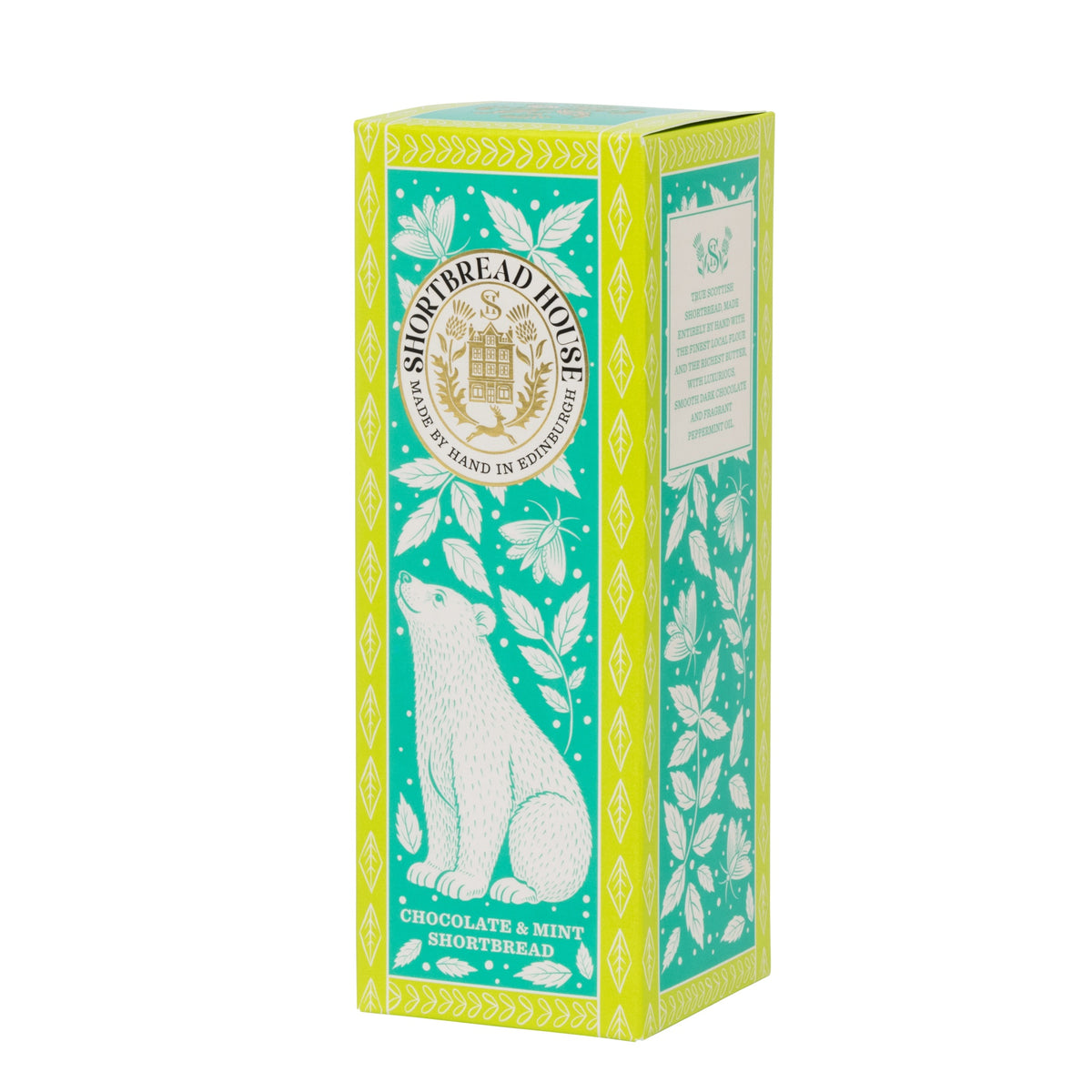 Green box of Shortbread House chocolate and mint shortbread packaging on a white background.