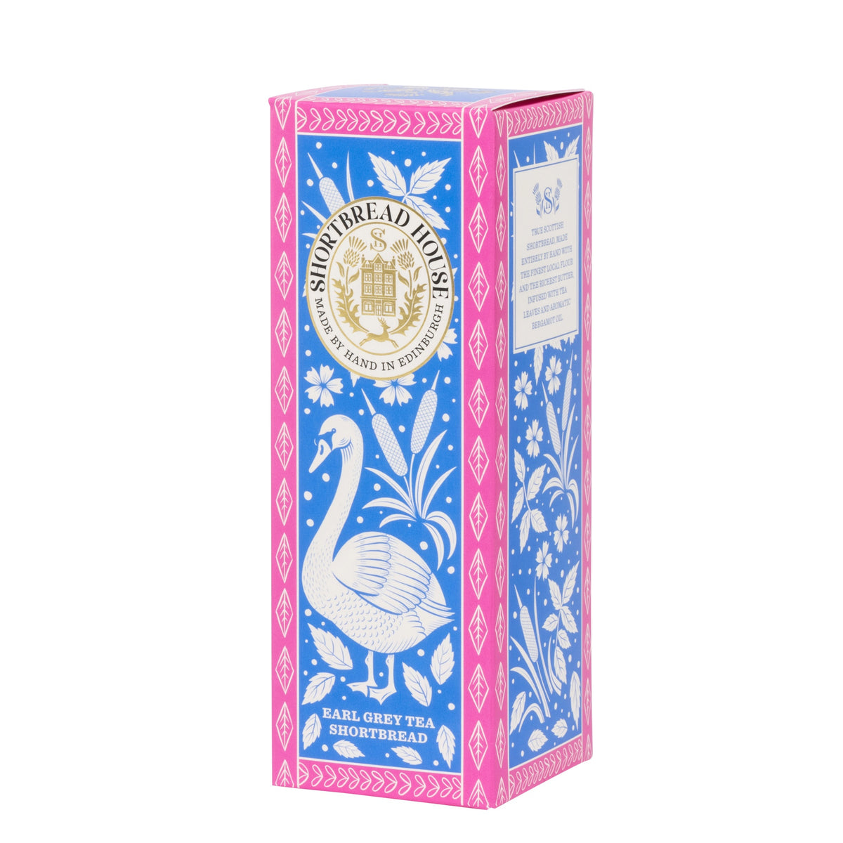 Decorative blue and pink box for Earl Grey Tea Shortbread with swan design on a white background