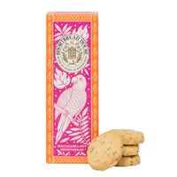 Pink box of Macadamia Nut Shortbread with biscuits on a white background