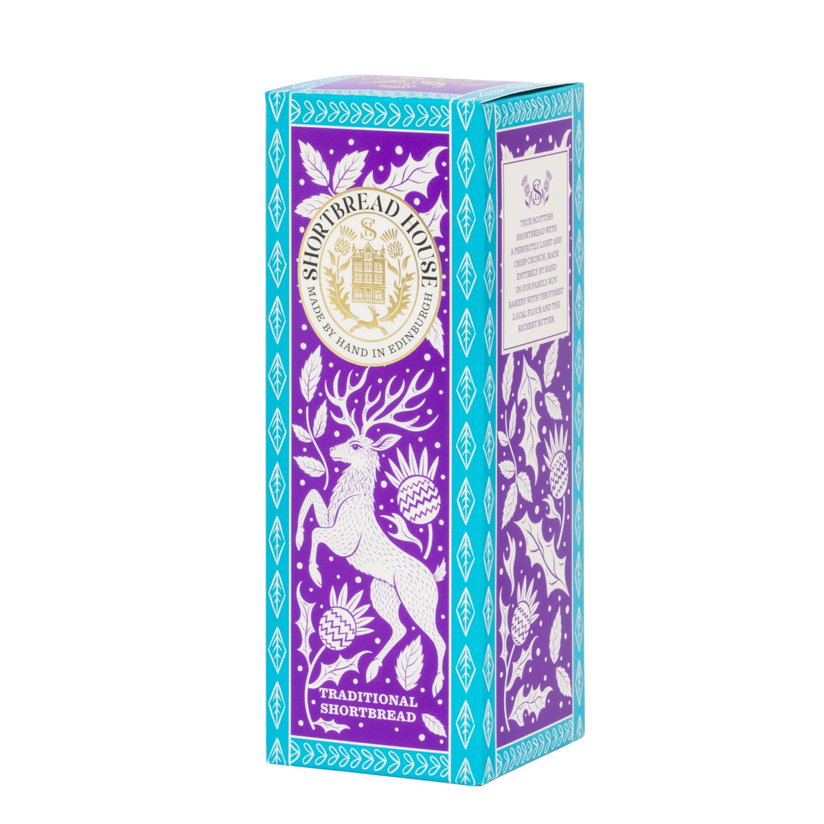 Blue and purple original shortbread box with a stag design.