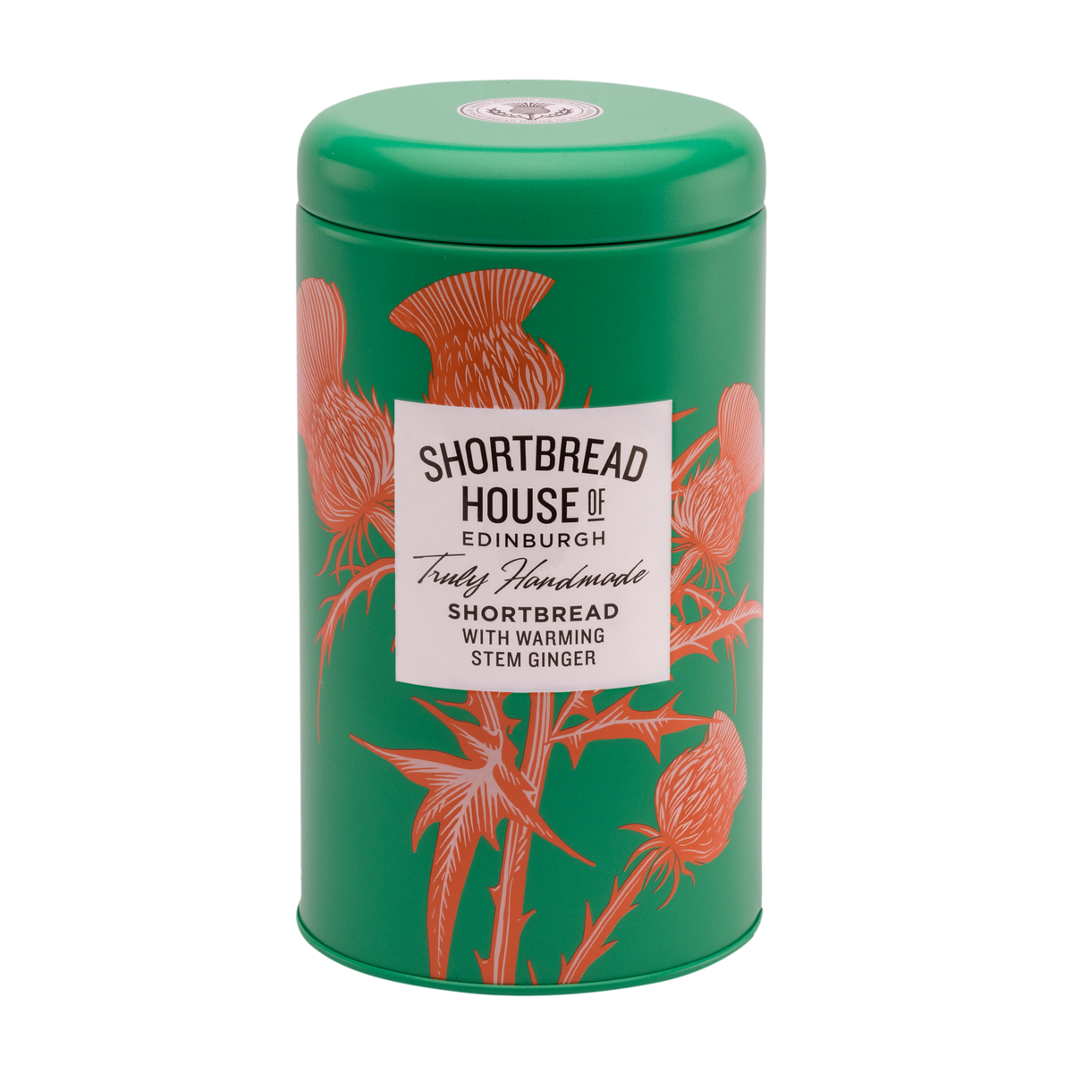 Green tin of Shortbread House of Edinburgh stem ginger shortbread, decorated with an orange thistle design.