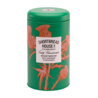 Green tin of Shortbread House of Edinburgh stem ginger shortbread, decorated with an orange thistle design.