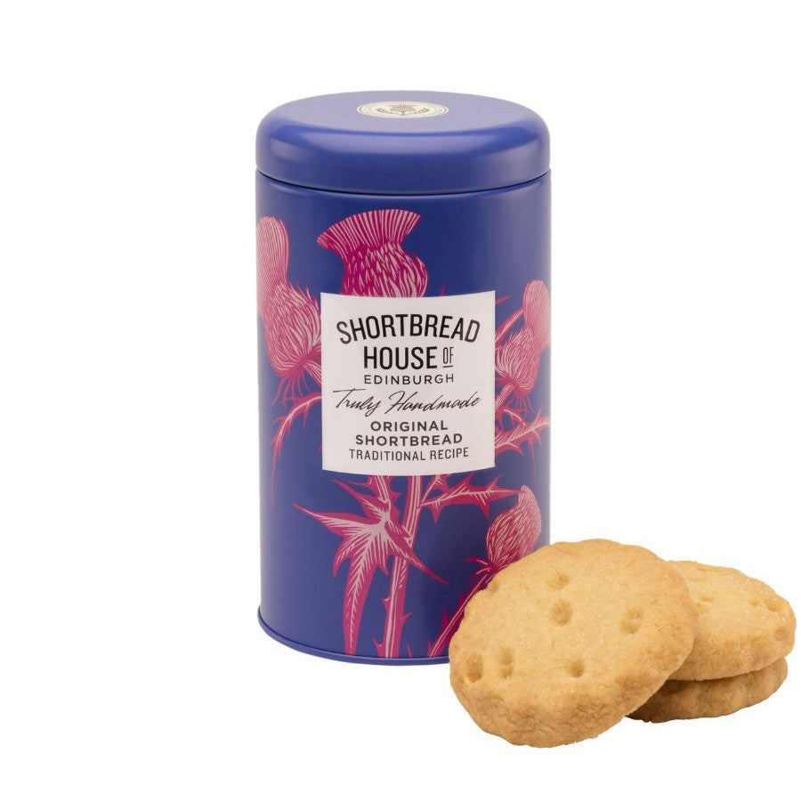 Purple tin with pink thistle design with shortbread round biscuits