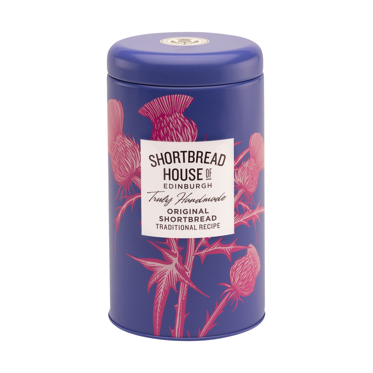 Purple tin of Shortbread House of Edinburgh with Original flavour shortbread, decorated with a pink thistle design.