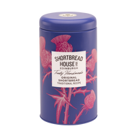 Purple tin of Shortbread House of Edinburgh with Original flavour shortbread, decorated with a pink thistle design.