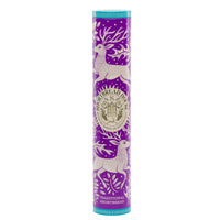 Purple cylindrical shortbread tin with stag design and thistles on a white background