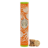 Orange and green shortbread tin with illustrations of monkeys and orange. The tin is situated next to some chocolate orange shortbread.