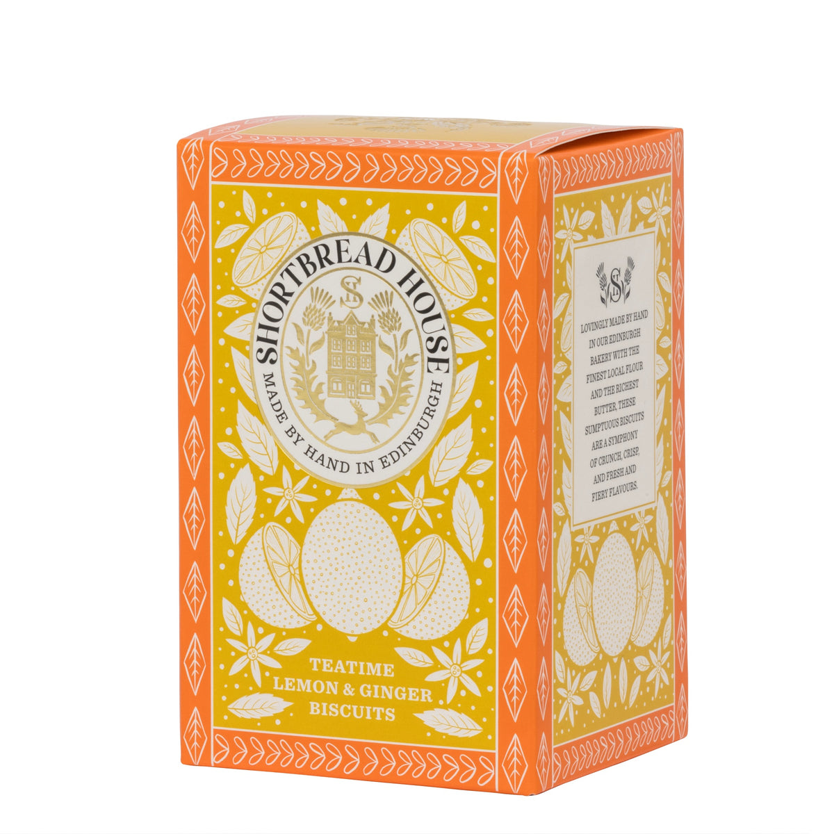 Box of Shortbread House lemon and ginger biscuits with decorative design on a white background
