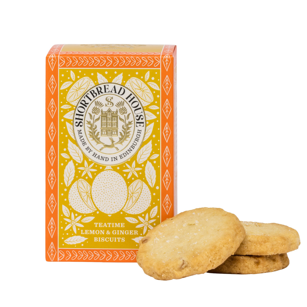 Box of Shortbread House lemon and ginger biscuits with cookies in front