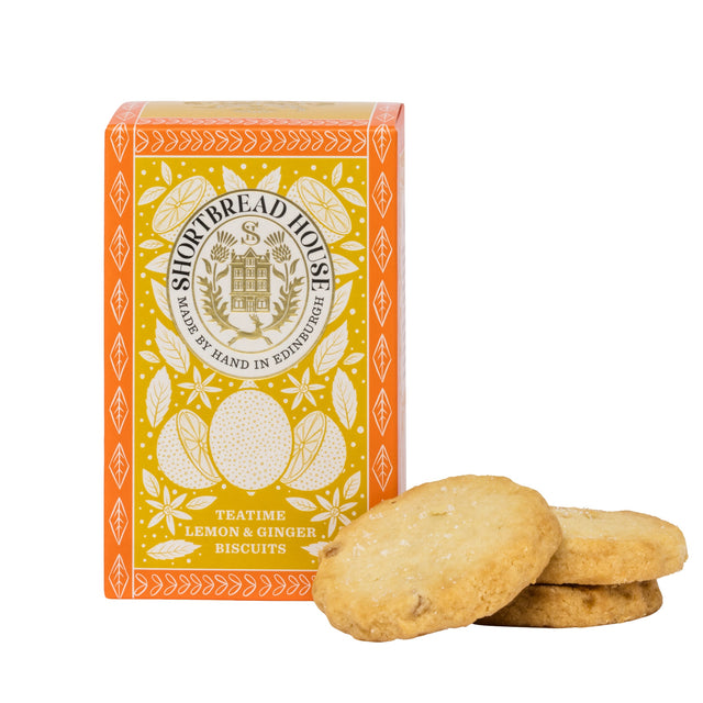 Box of Shortbread House lemon and ginger biscuits with cookies in front