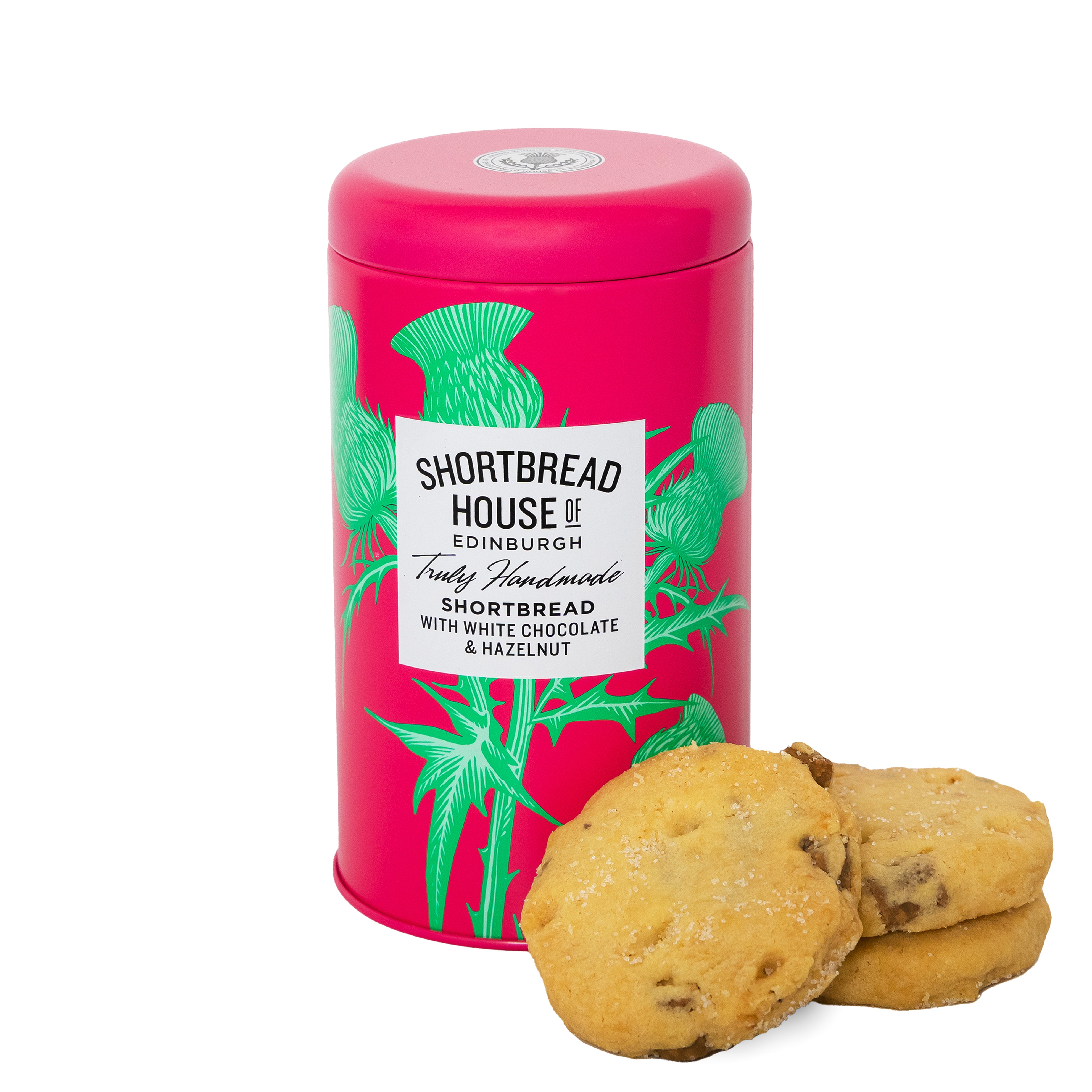140g Tin of Truly Handmade Shortbread Biscuits with White Chocolate and Hazelnuts