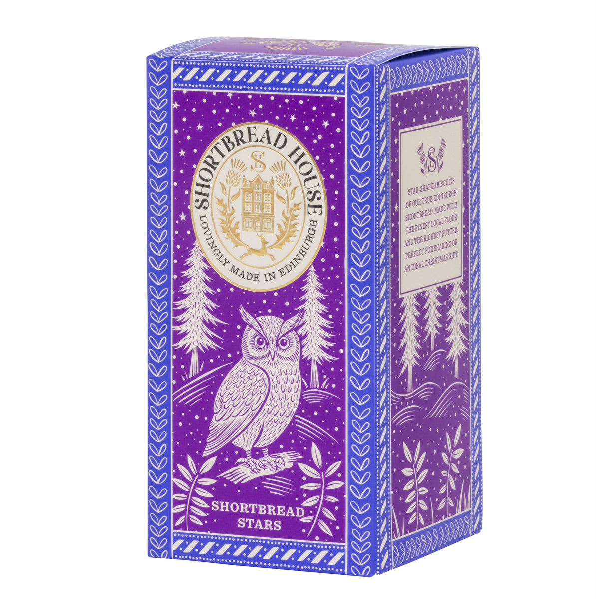 Purple box with owl design and 'Shortbread House' branding