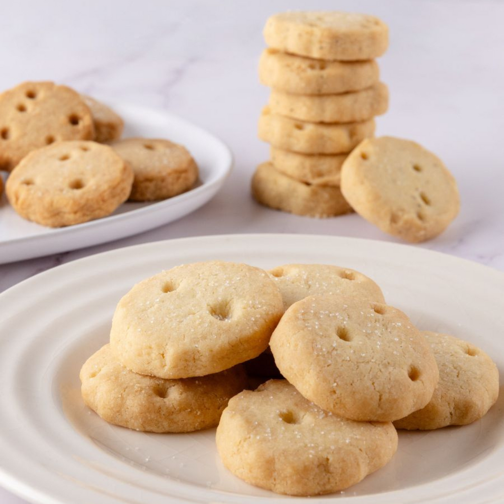 stacks of biscuits on a white plate