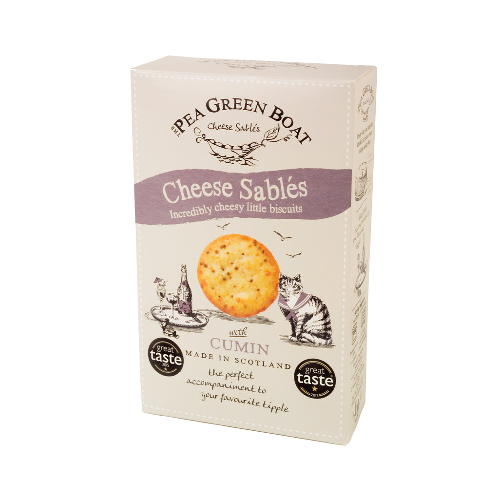 A box of Cumin Cheese Sables from Pea Green Boat