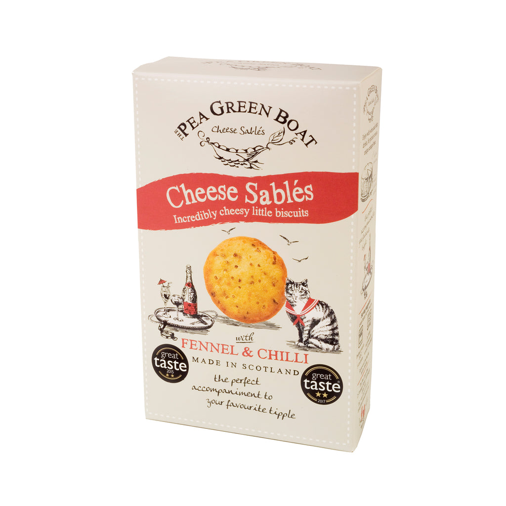 A box of Fennel and Cumin Cheese Sables from Pea Green Boat
