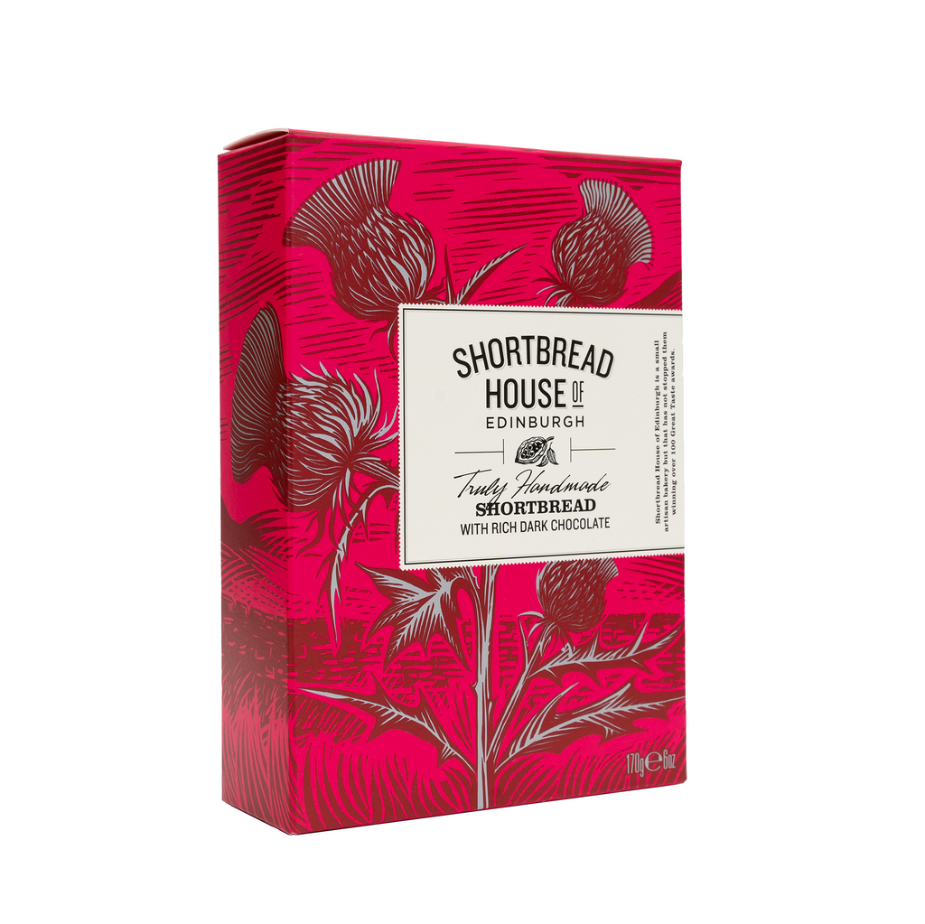 A box of Chocolate Shortbread Fingers. The box is red with a thistle and scottish hills in the design.