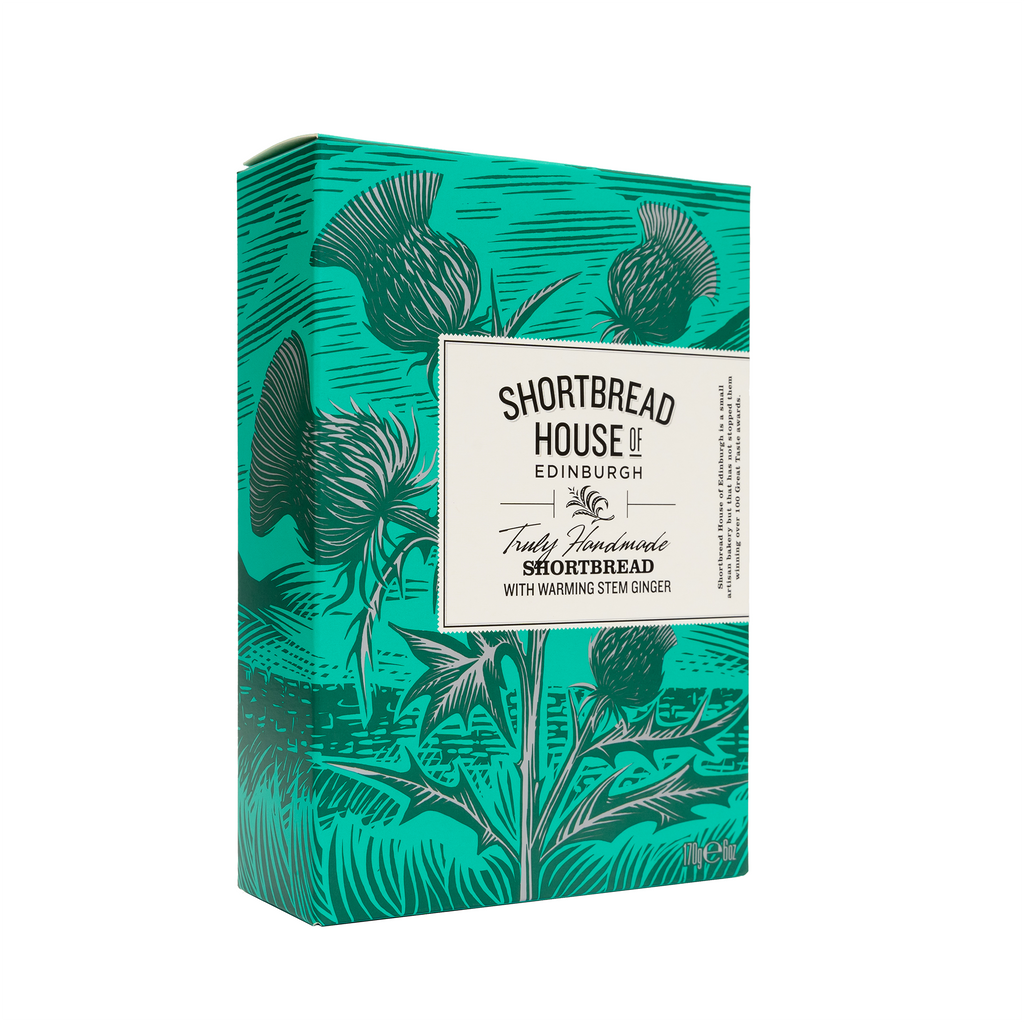 A box of ginger shortbread fingers. The box is green with a thistle and scottish hills in the design