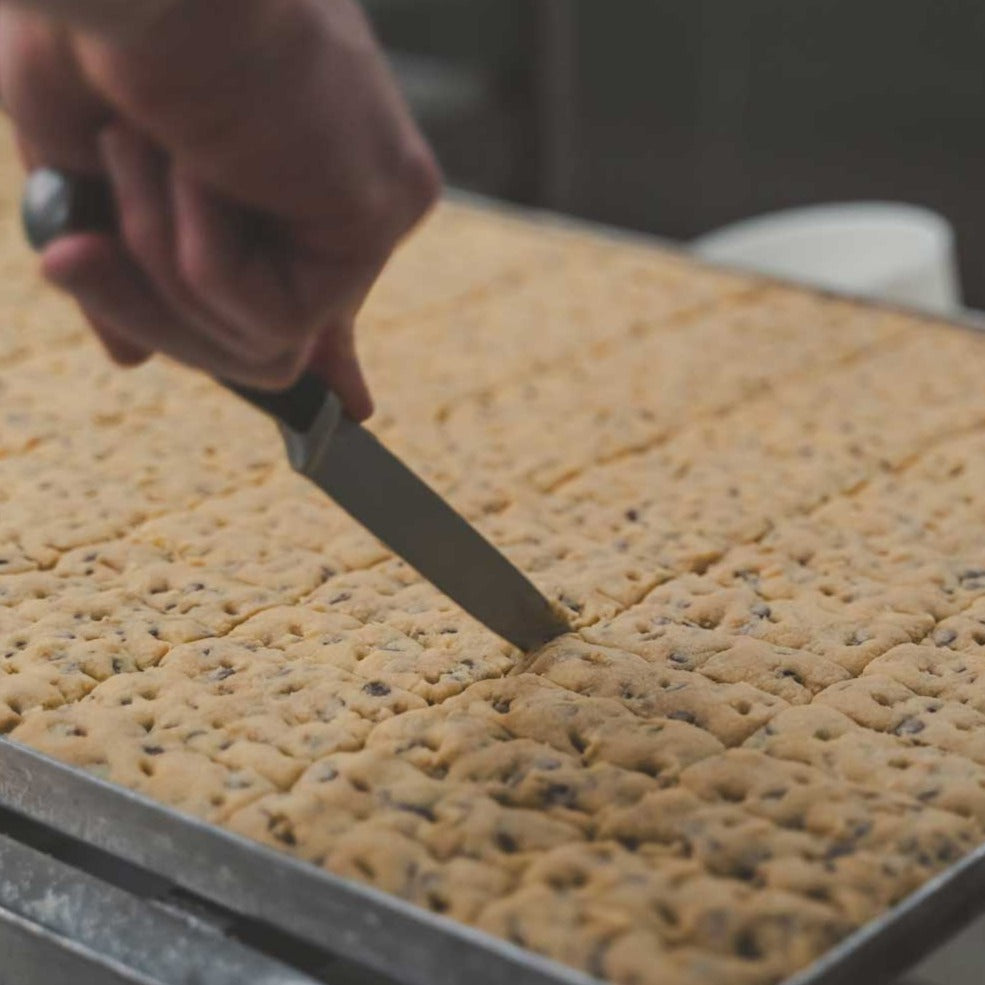 A tray of shortbread with chocolate chips is being hand cut into rectangles with a knife
